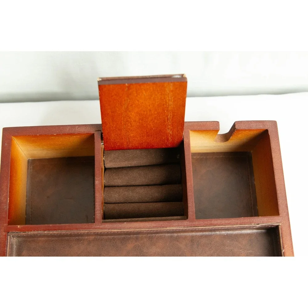 Vintage Wood Valet Box Jewelry Organizer Charging Station Brown Faux Leather